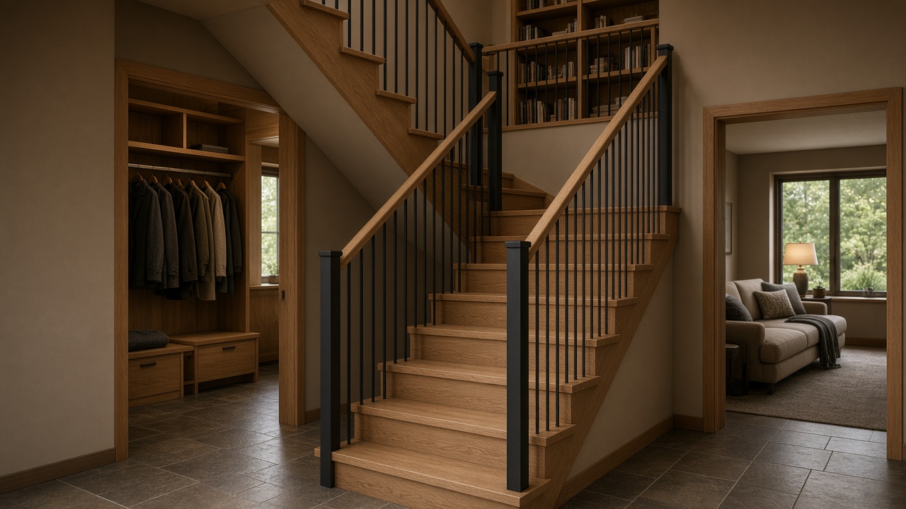 Oak stair beside a walk-in cloakroom, books above, living room through the door