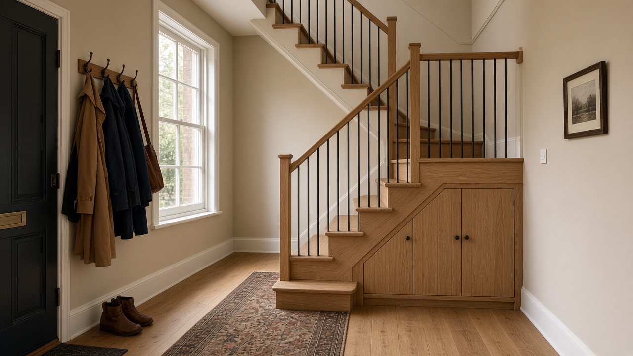 Quarter-turn oak stair in a repaired terrace hall, with cupboards under the lower flight