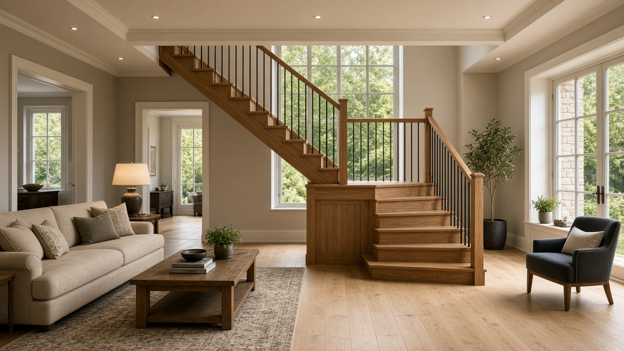 Quarter-turn oak stair in the middle of a living room, sofa and chair beside it