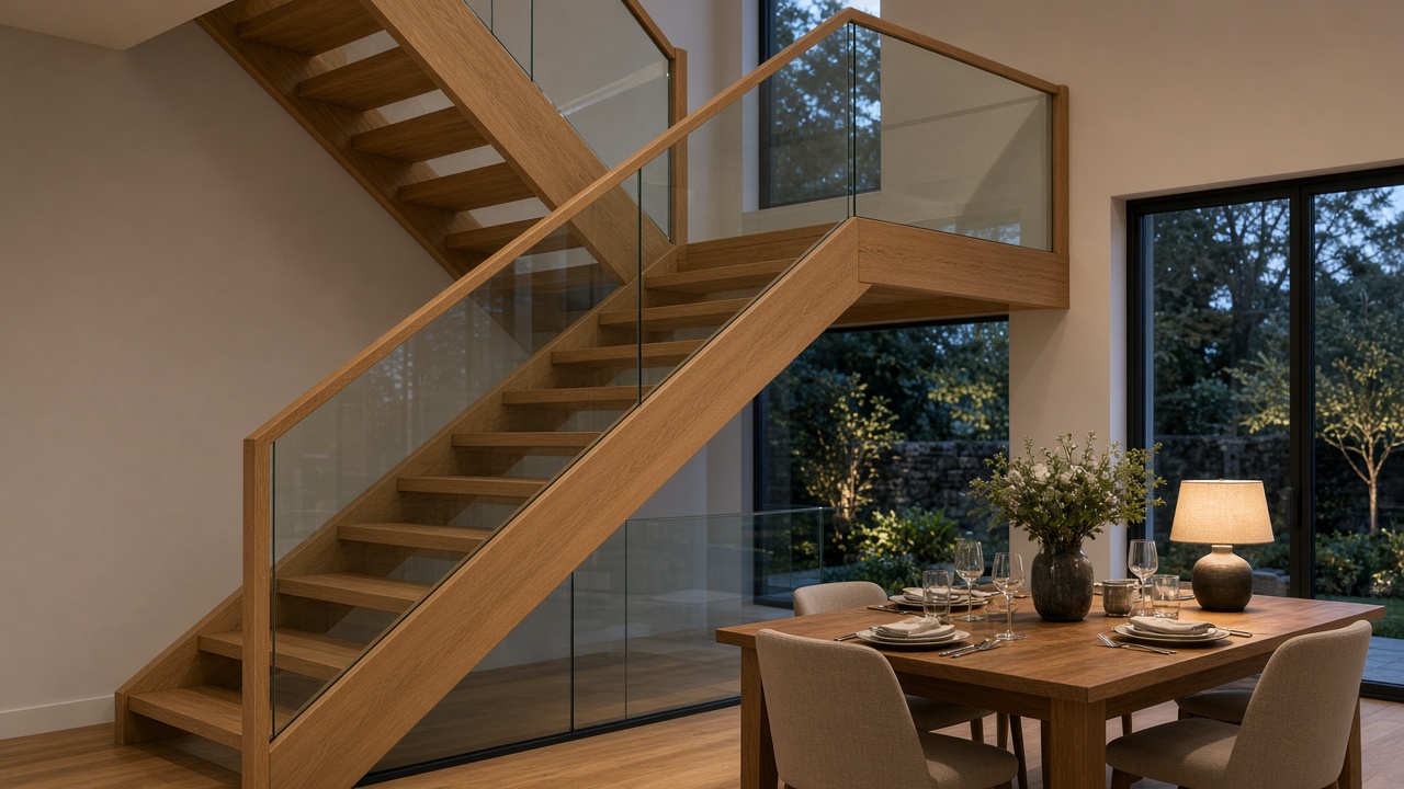 Oak and glass stair beside a dining table laid for supper