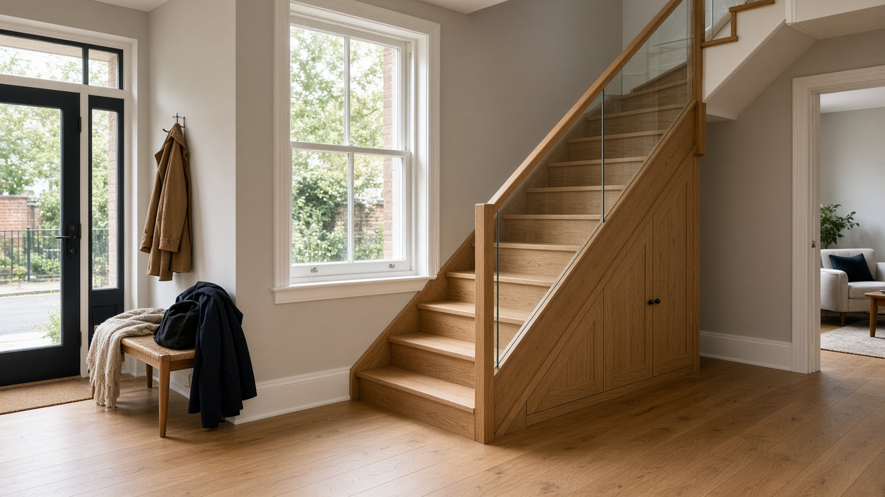 New oak and glass stair in an old hall, cupboards under the flight, sash window and front door