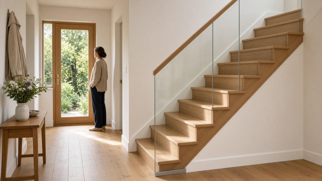 Existing closed oak stair with a new oak handrail and glass from the first step to the floor