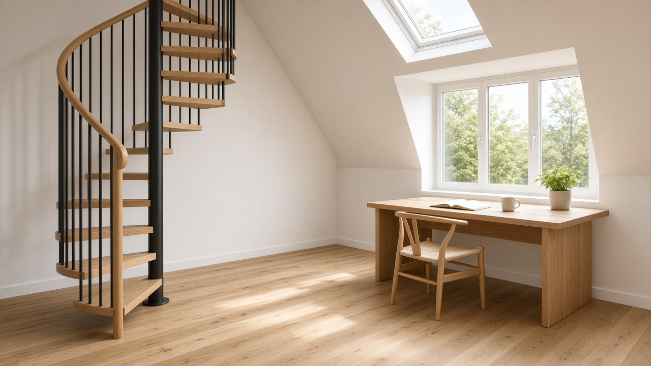 Bright loft with a spiral stair, oak treads and a black aluminium column, a desk by the window