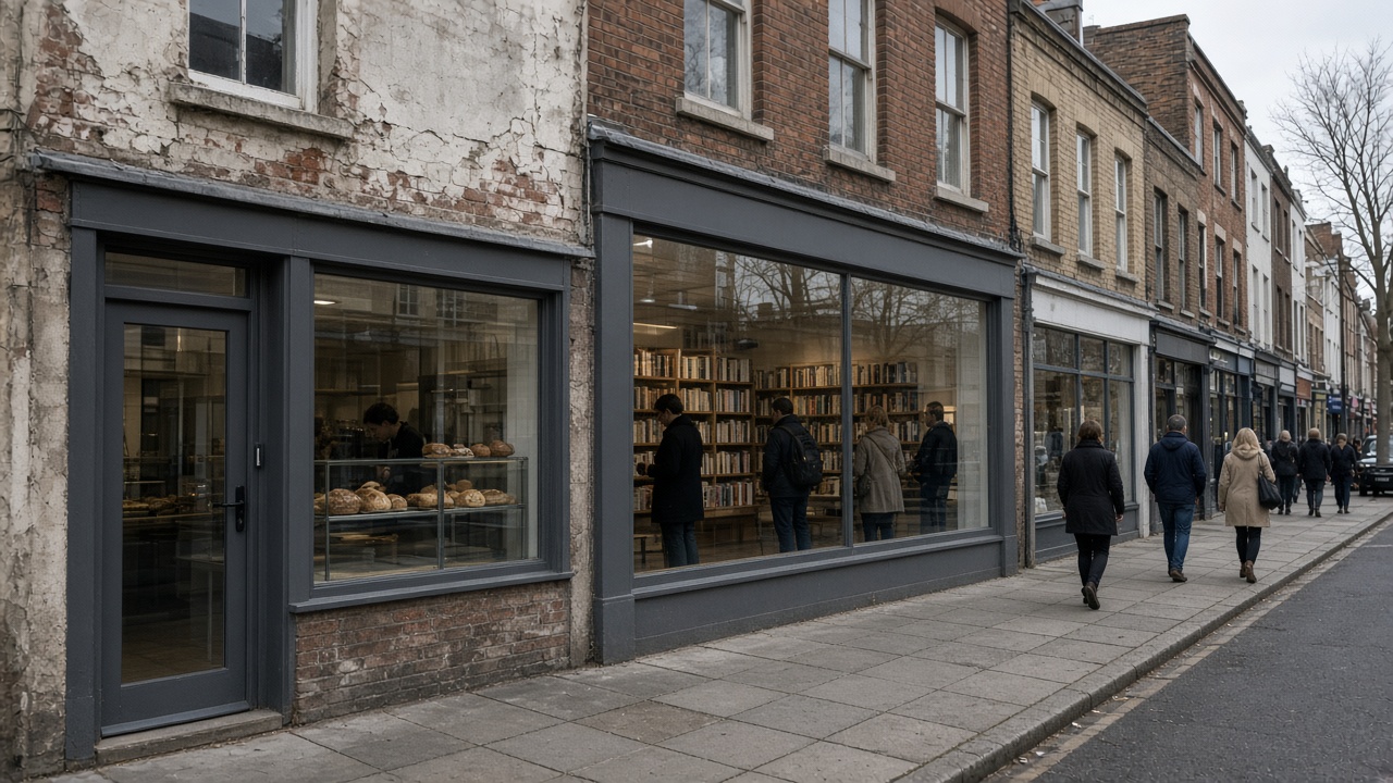 Worn street with new glass of different sizes, and a cafe open onto the pavement