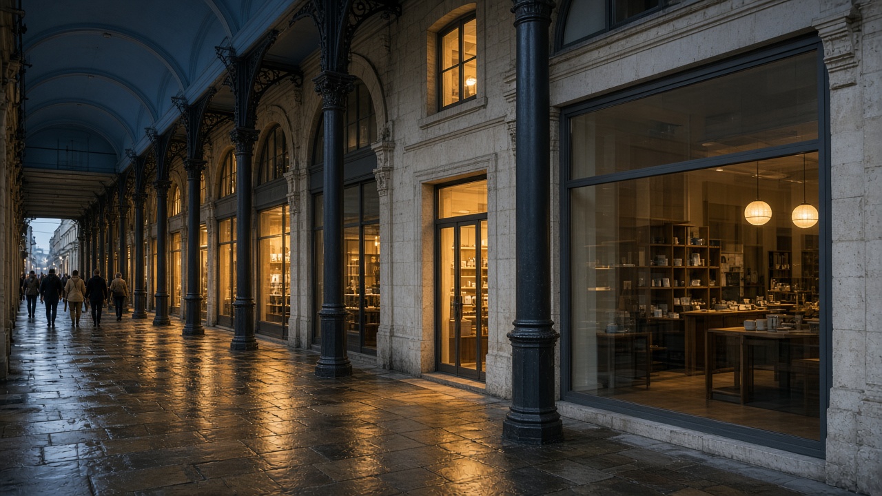 Covered arcade at dusk, a narrow door beside one wide sheet of glass