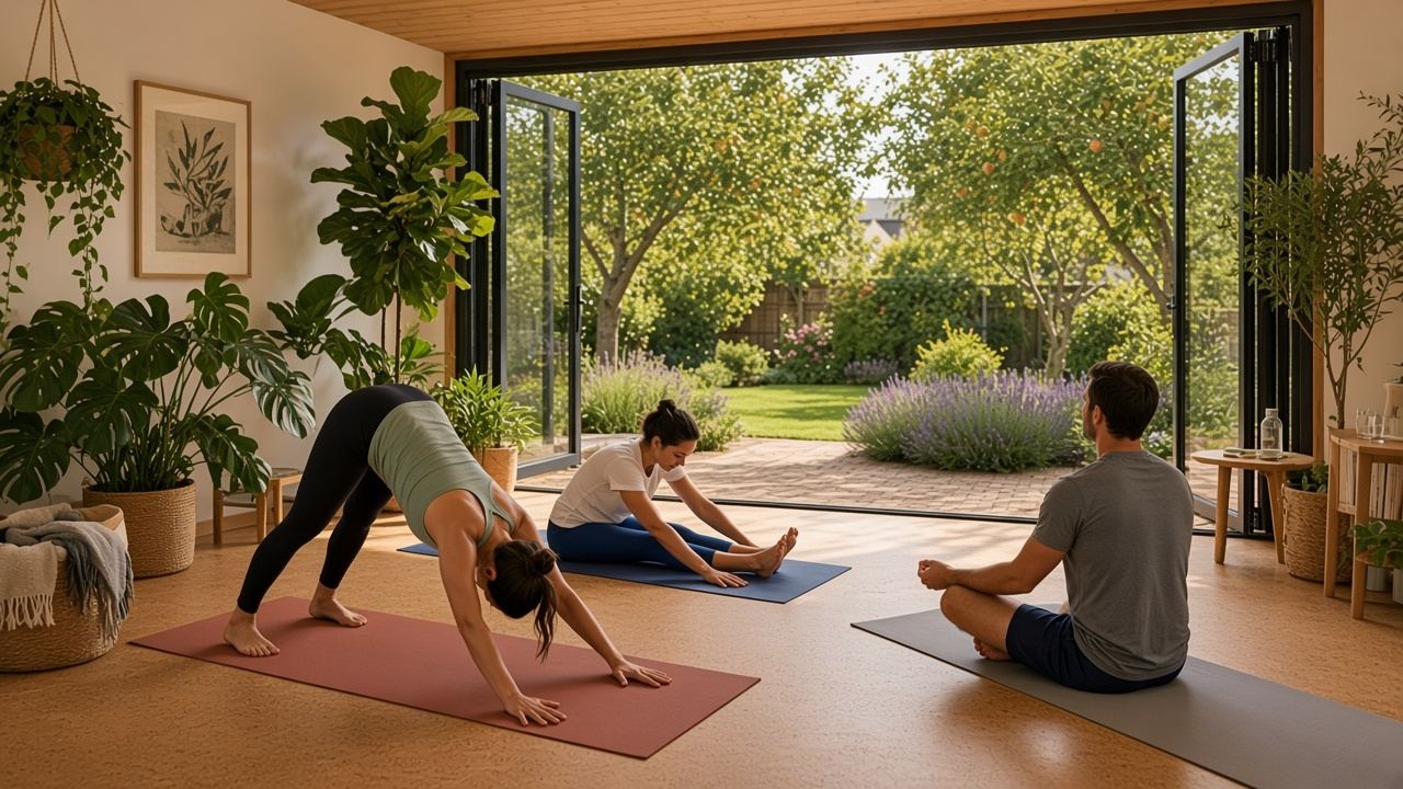 Yoga in a garden room with friends