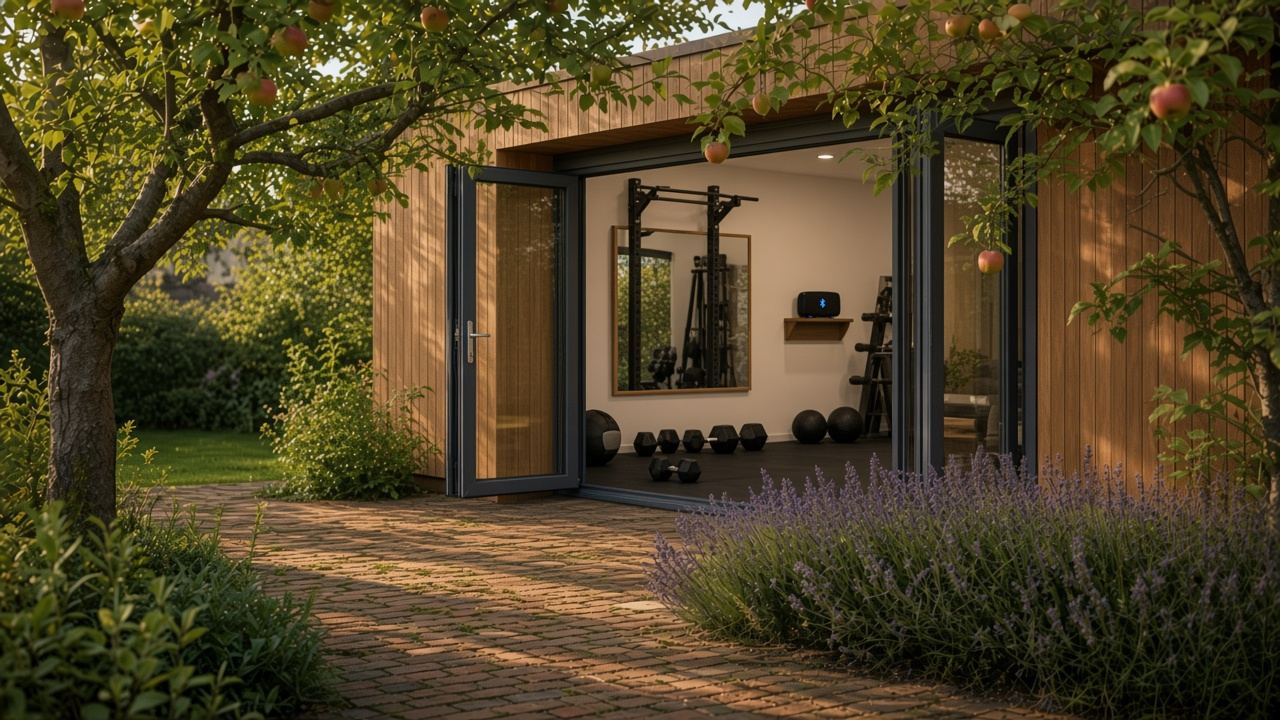 Garden gym with equipment along the wall